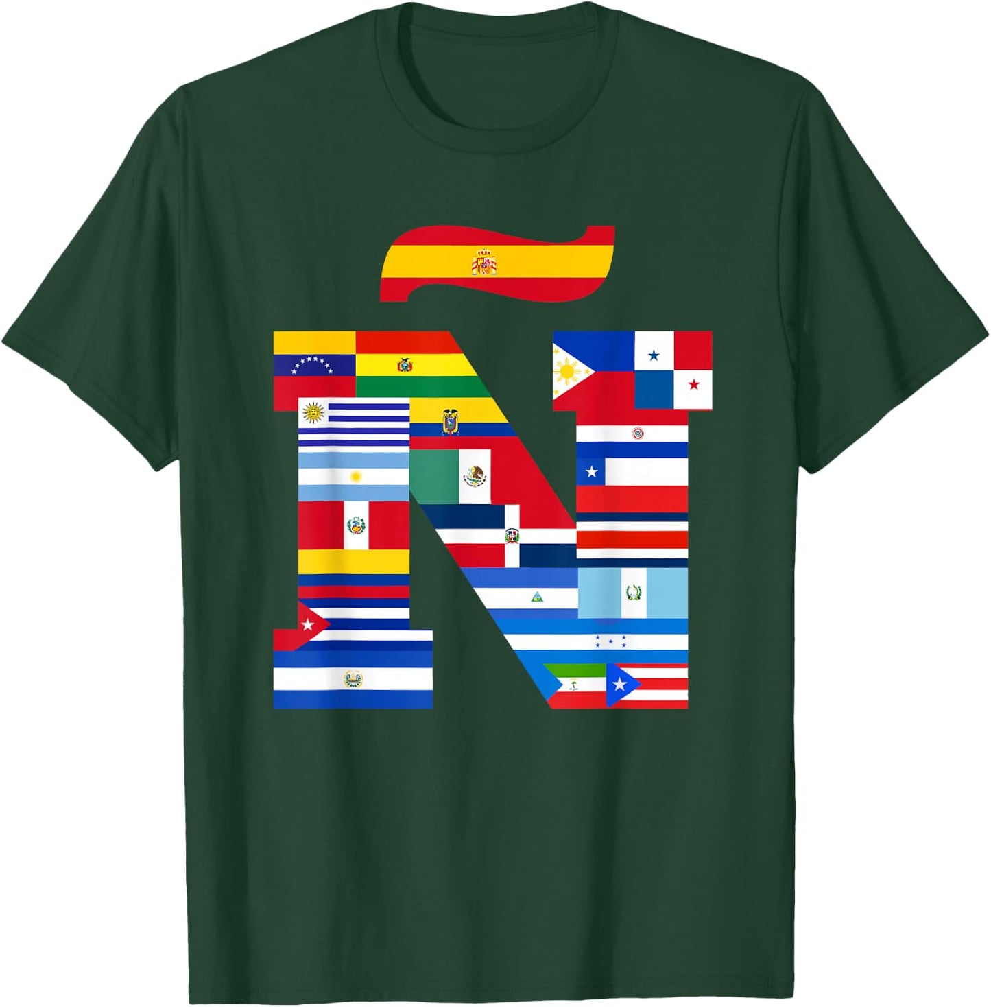 Ñ Viva la Hispanidad, Hispanic Heritage, Vibrant 'Ñ' Flag T-Shirt - T-Shirt | Forest