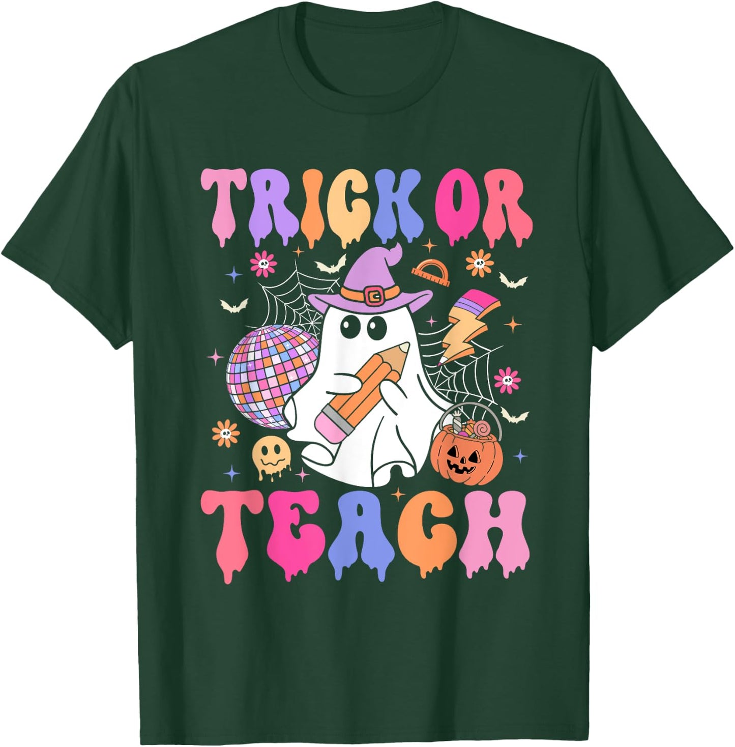 Trick Or Teach Groovy Halloween Floral Ghost Teacher T-Shirt - T-Shirt | Forest