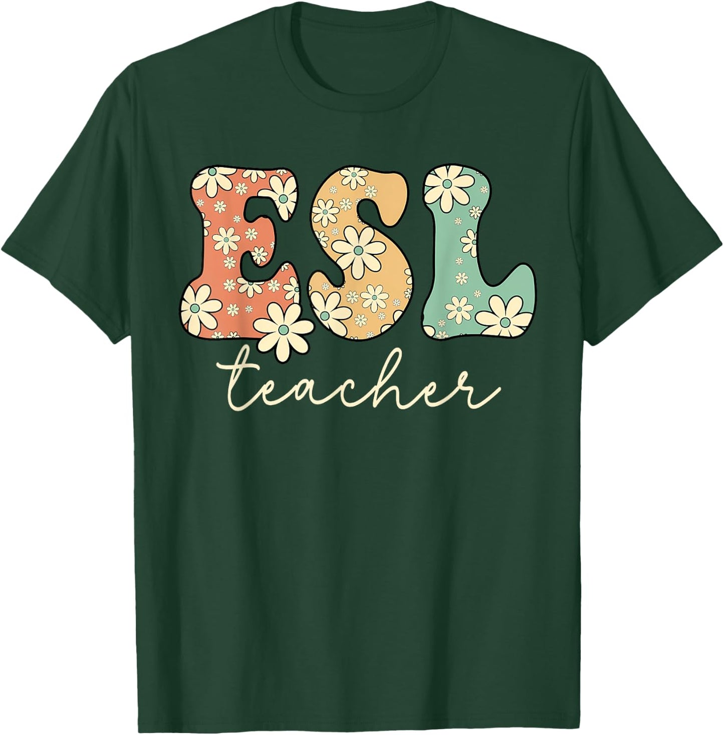 Retro Daisy Flower ESL Bilingual Teacher Back To School Women T-Shirt - T-Shirt | Forest