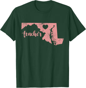 Teacher Maryland Map Support Public Education Distressed Men Women Kids T-Shirt - T-Shirt | Forest