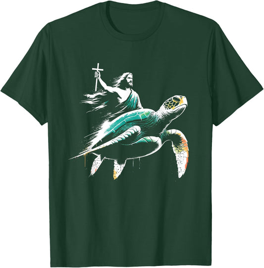 Jesus Riding Sea Turtle - Funny Christian Turtle Lover T-Shirt - T-Shirt | Forest