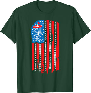 American Flag Disc Golf Basket Chain 4th of July Men Golfing T-Shirt - T-Shirt | Forest