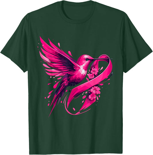 Hummingbird Flower Pink Ribbon Breast Cancer Awareness T-Shirt - T-Shirt | Forest
