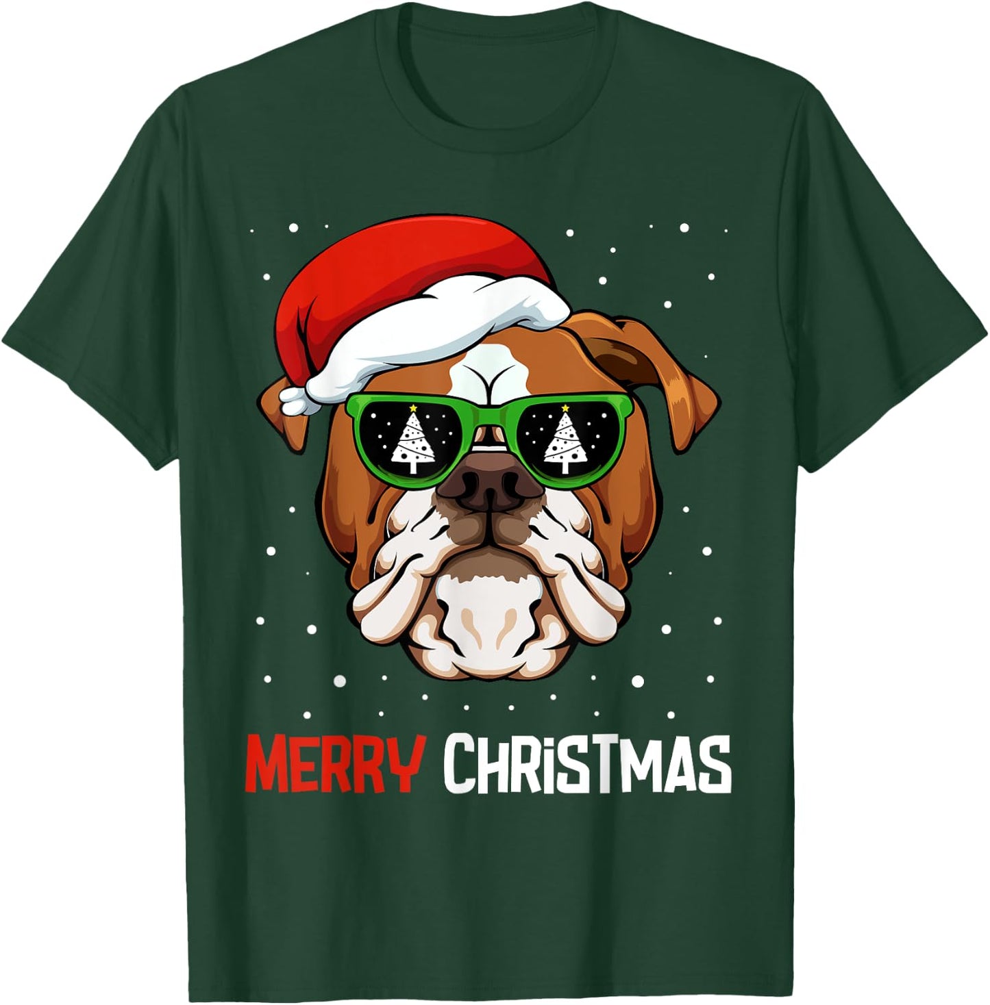 English Bulldog Santa Hat Christmas Pajama Dog X-Mas Tree T-Shirt - T-Shirt | Forest