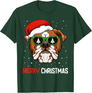 English Bulldog Santa Hat Christmas Pajama Dog X-Mas Tree T-Shirt - T-Shirt | Forest
