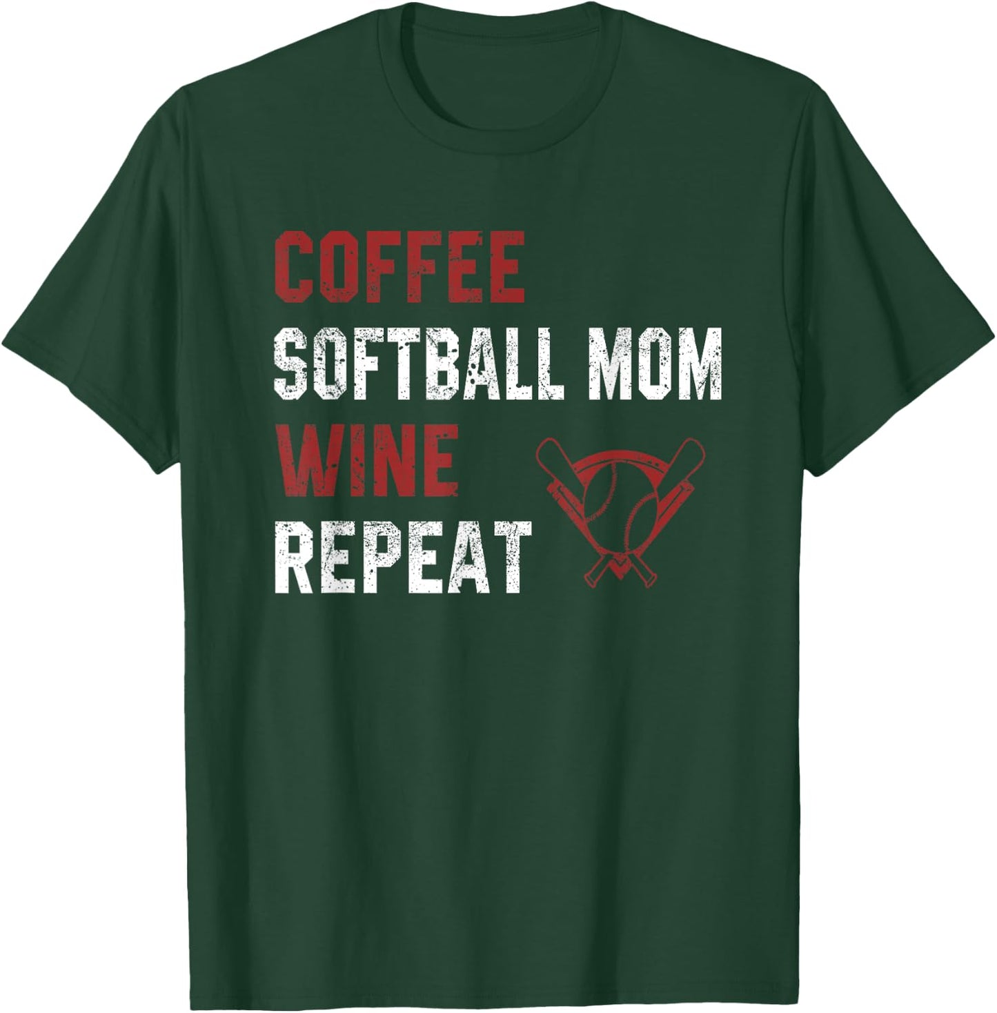 Funny Softball Mother Sayings Coffee Wine Repeat Coach Sport T-Shirt - T-Shirt | Forest