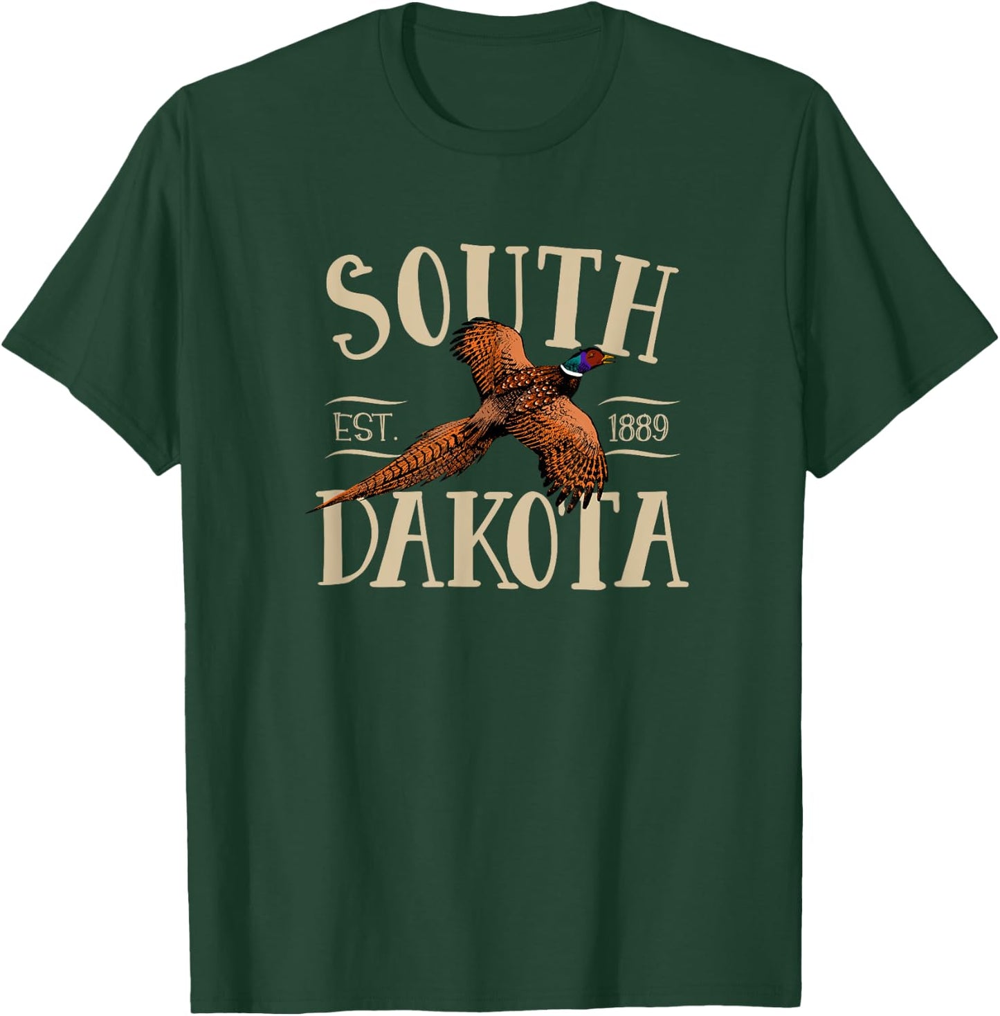 More Cool South Dakota Designs -Kids Black Small Modern Floral Letter Print with Distinctive Pheasant Design, Soft Cotton Fabric T-Shirt - T-Shirt | Forest