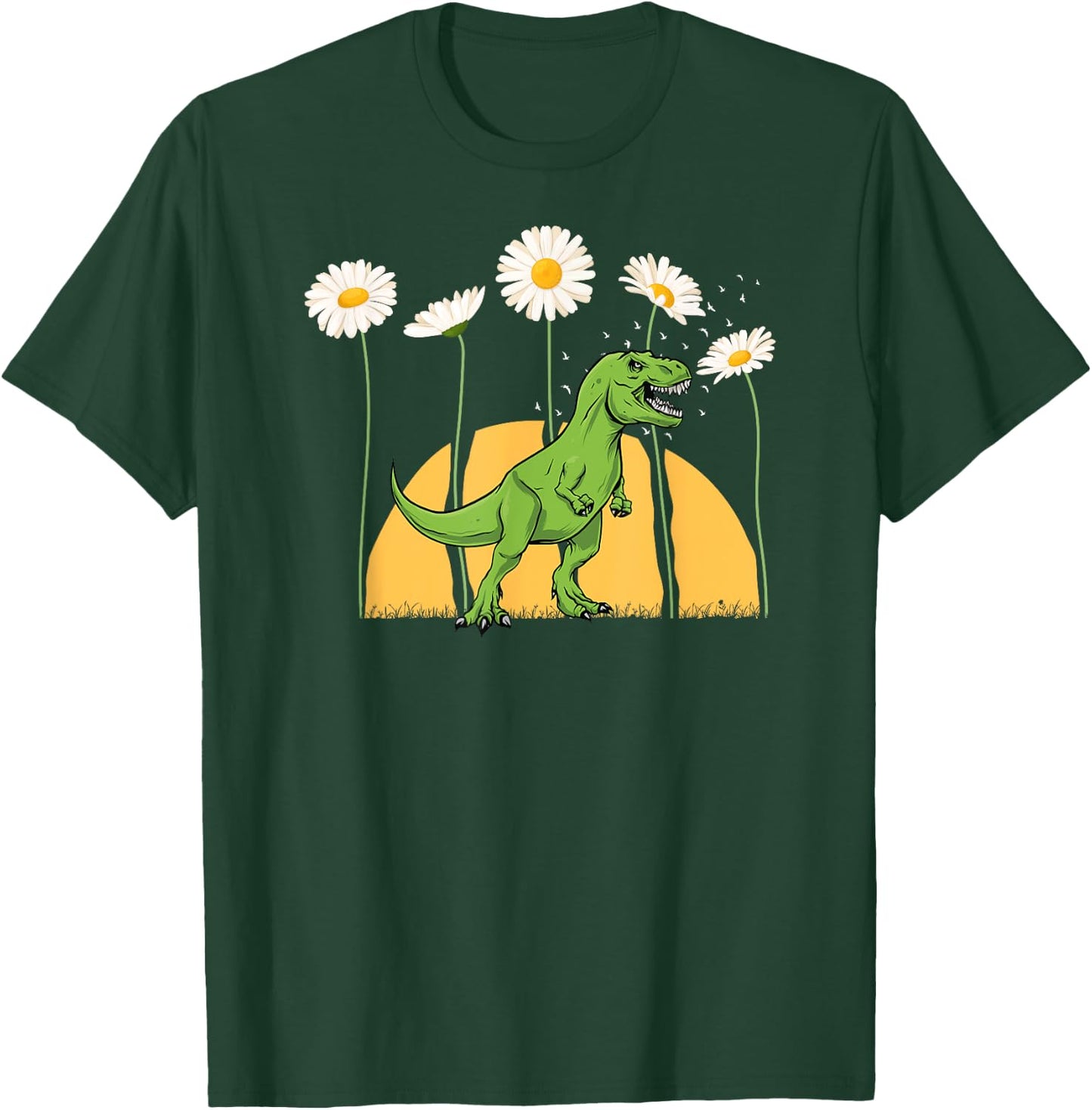 Dinosaur Spring Sunset Towering Daisy Flowers Dino T rex T-Shirt - T-Shirt | Forest