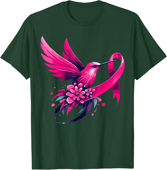Hummingbird Flower Pink Ribbon Breast Cancer Awareness T-Shirt - T-Shirt | Forest