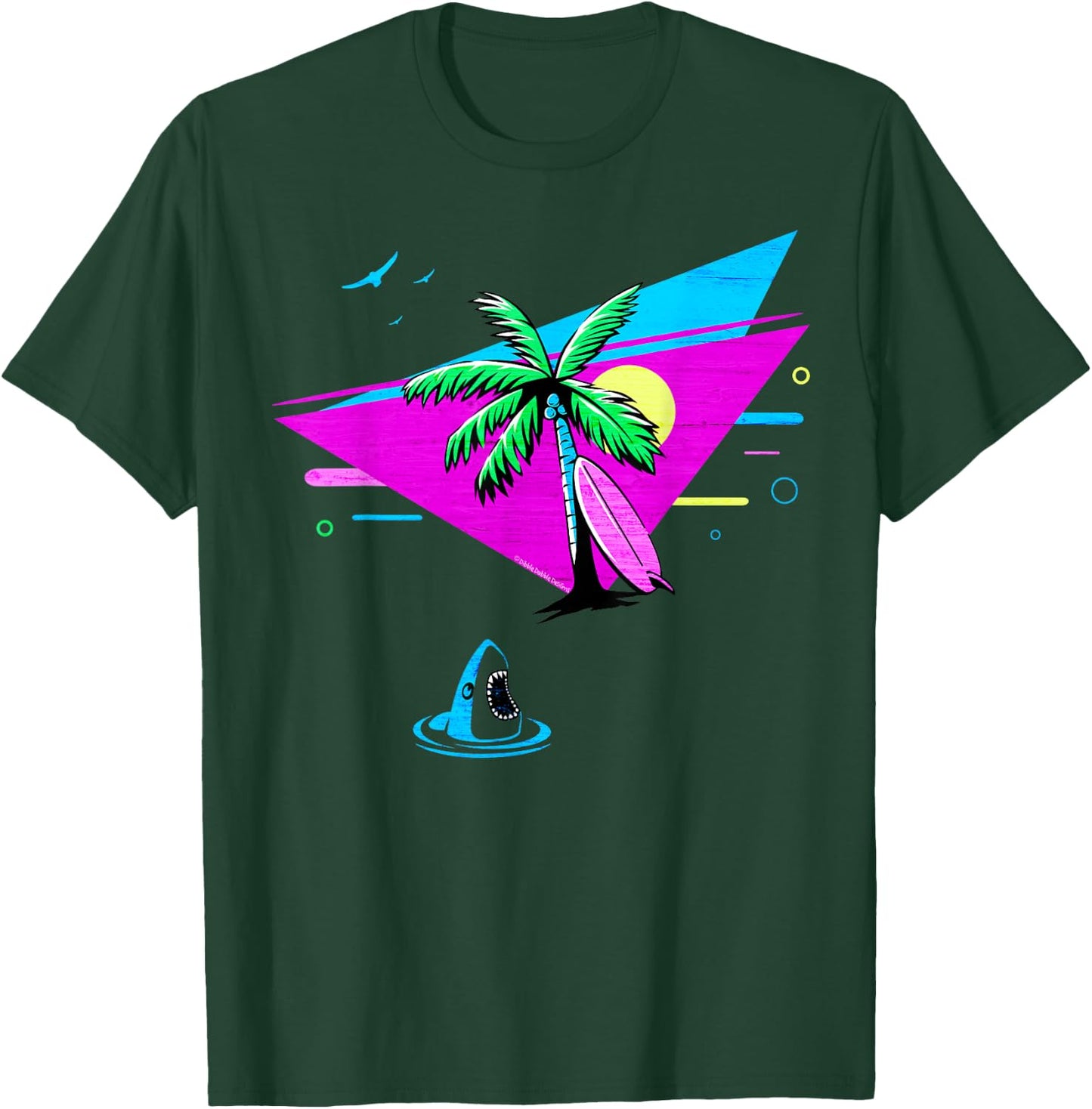 Fun Retro Tropical Vaporwave Palm Trees Shark and Surfboard T-Shirt - T-Shirt | Forest