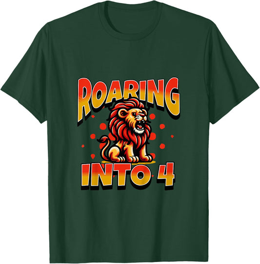 Kids Lion Mane Roaring Into 4 Year Old 4th Birthday Boy Girl T-Shirt - T-Shirt | Forest