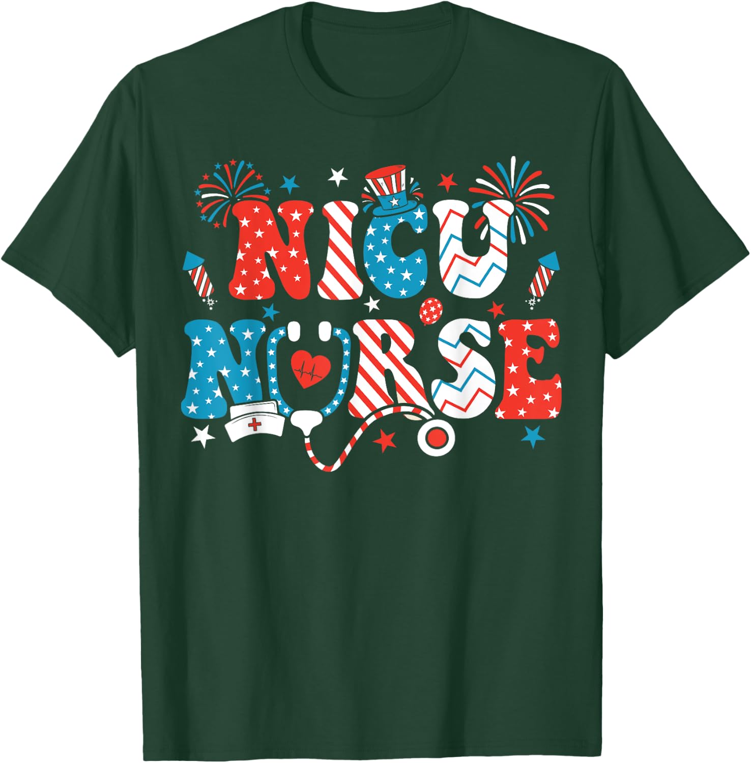 NICU Nurse 4th Of July American Flag Patriotic Nicu Nurse T-Shirt - T-Shirt | Forest