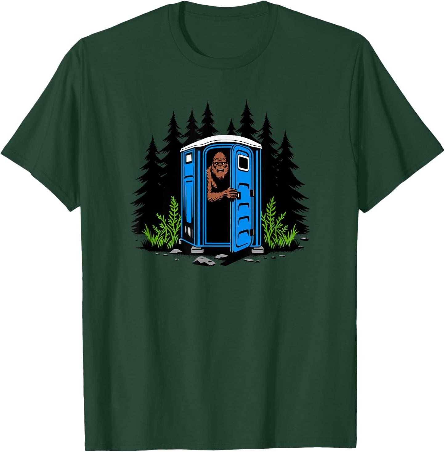 Bigfoot Peeking Out of A Porta Potty in The Woods T-Shirt - T-Shirt | Forest