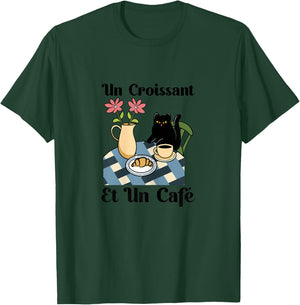 Cat Enjoys Coffee & Croissant, French Breakfast Brunch Cafe Women T-Shirt - T-Shirt | Forest