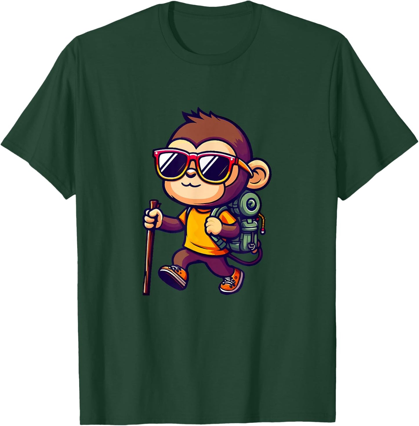 Hiking Monkey With Backpack And Walking Stick T-Shirt - T-Shirt | Forest