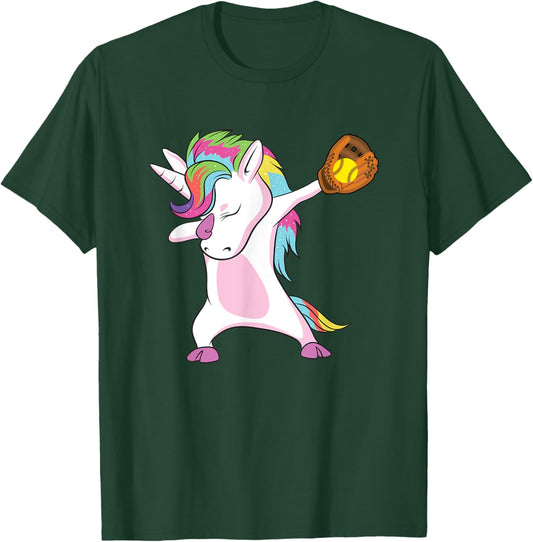 Softball Player Dabbing Unicorn T-Shirt - T-Shirt | Forest