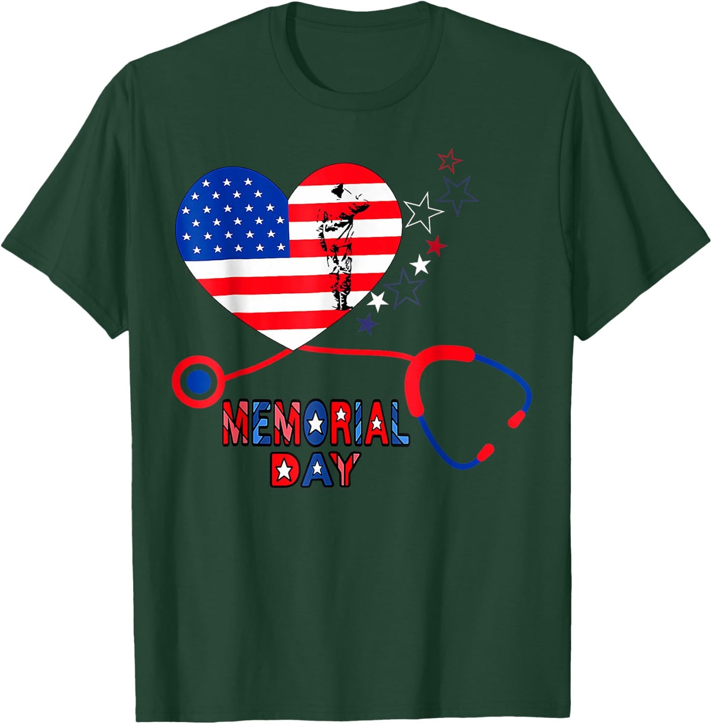 Nurse Stethoscope Heart Patriotic Memorial day Flag America T-Shirt - T-Shirt | Forest