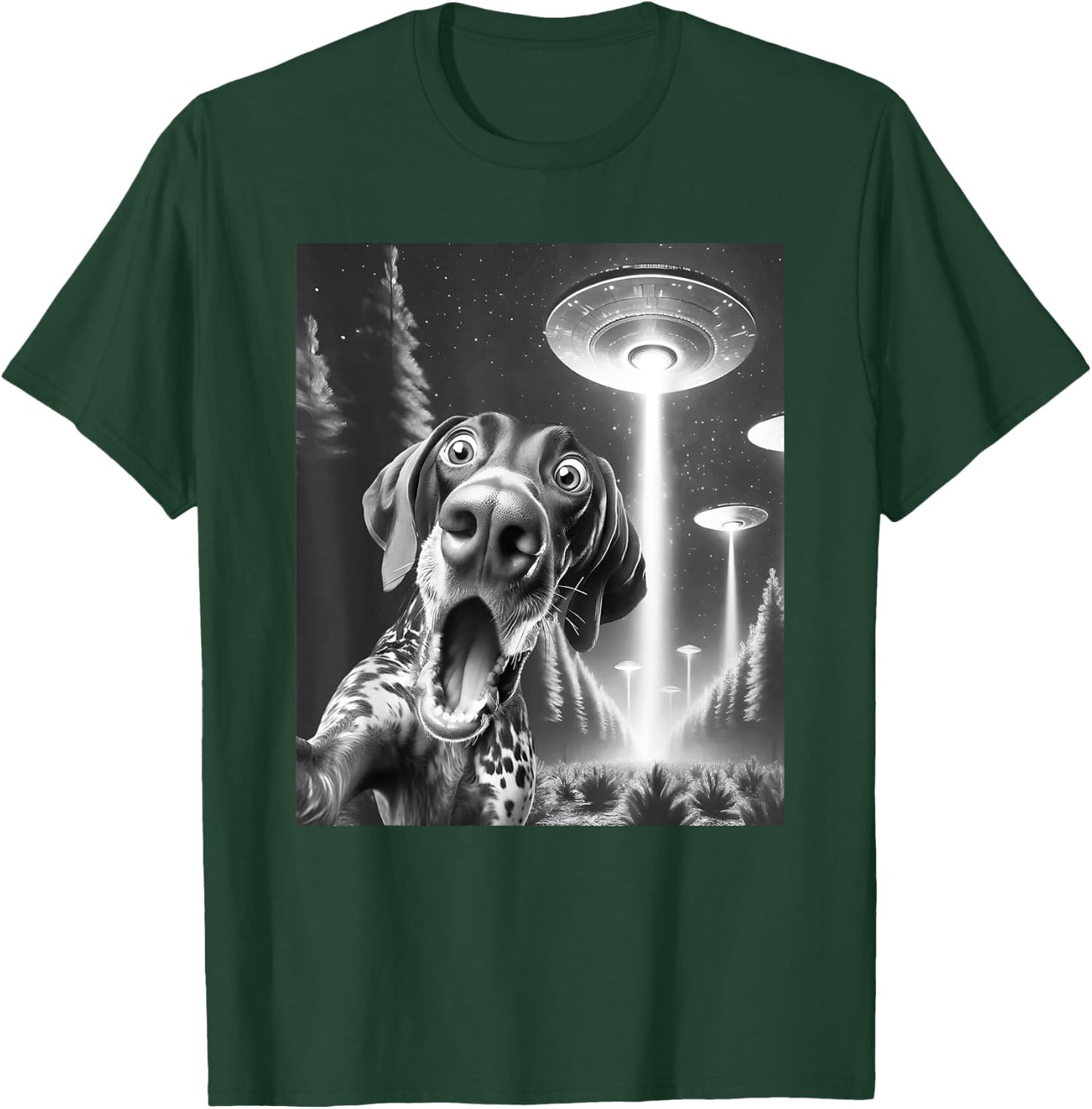 Funny German Shorthaired Pointer Alien UFO Taking a Selfie T-Shirt - T-Shirt | Forest