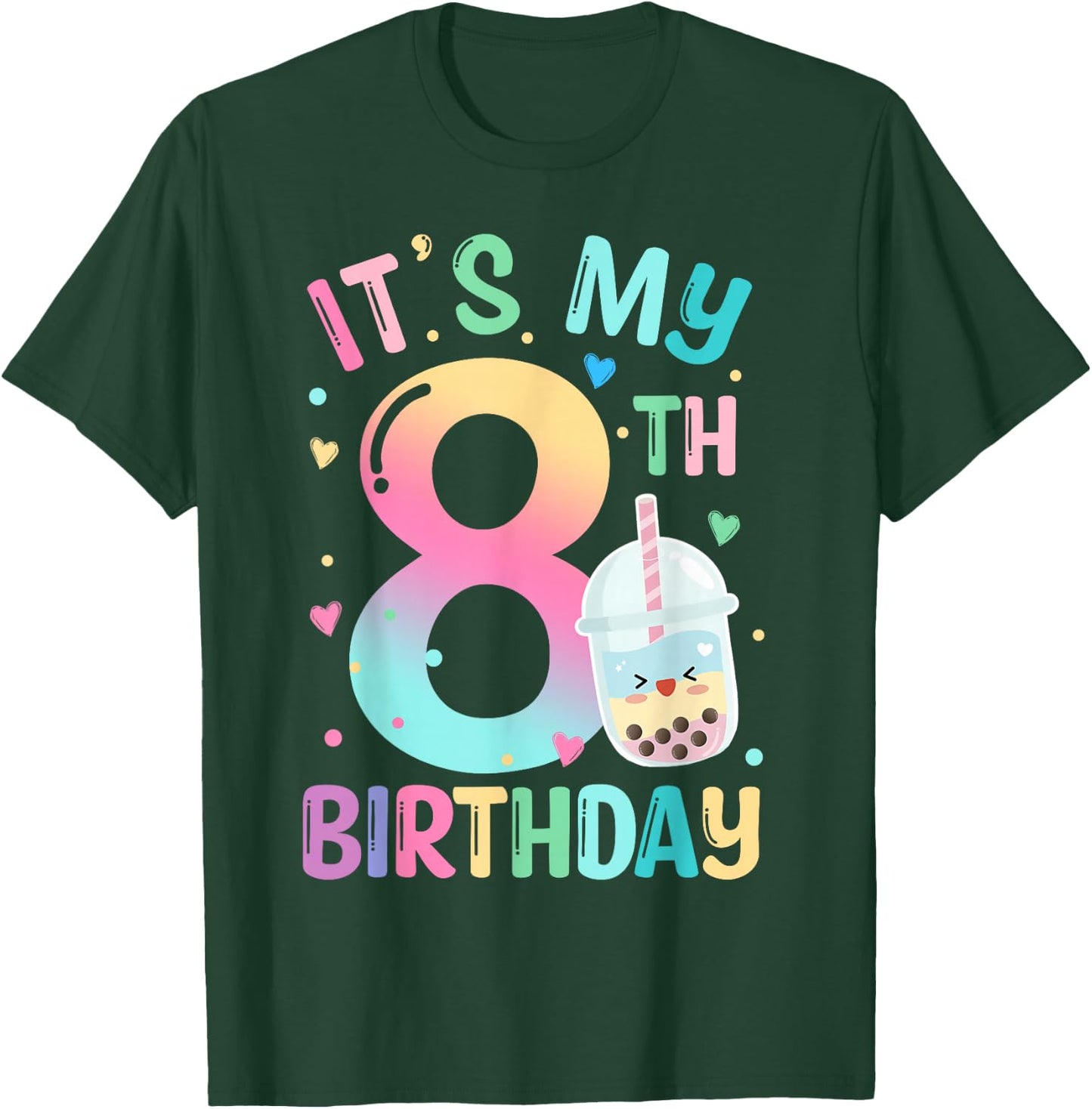 It's My 8th Birthday Bubble Boba Tea Party 8 Year Old Girl T-Shirt - T-Shirt | Forest