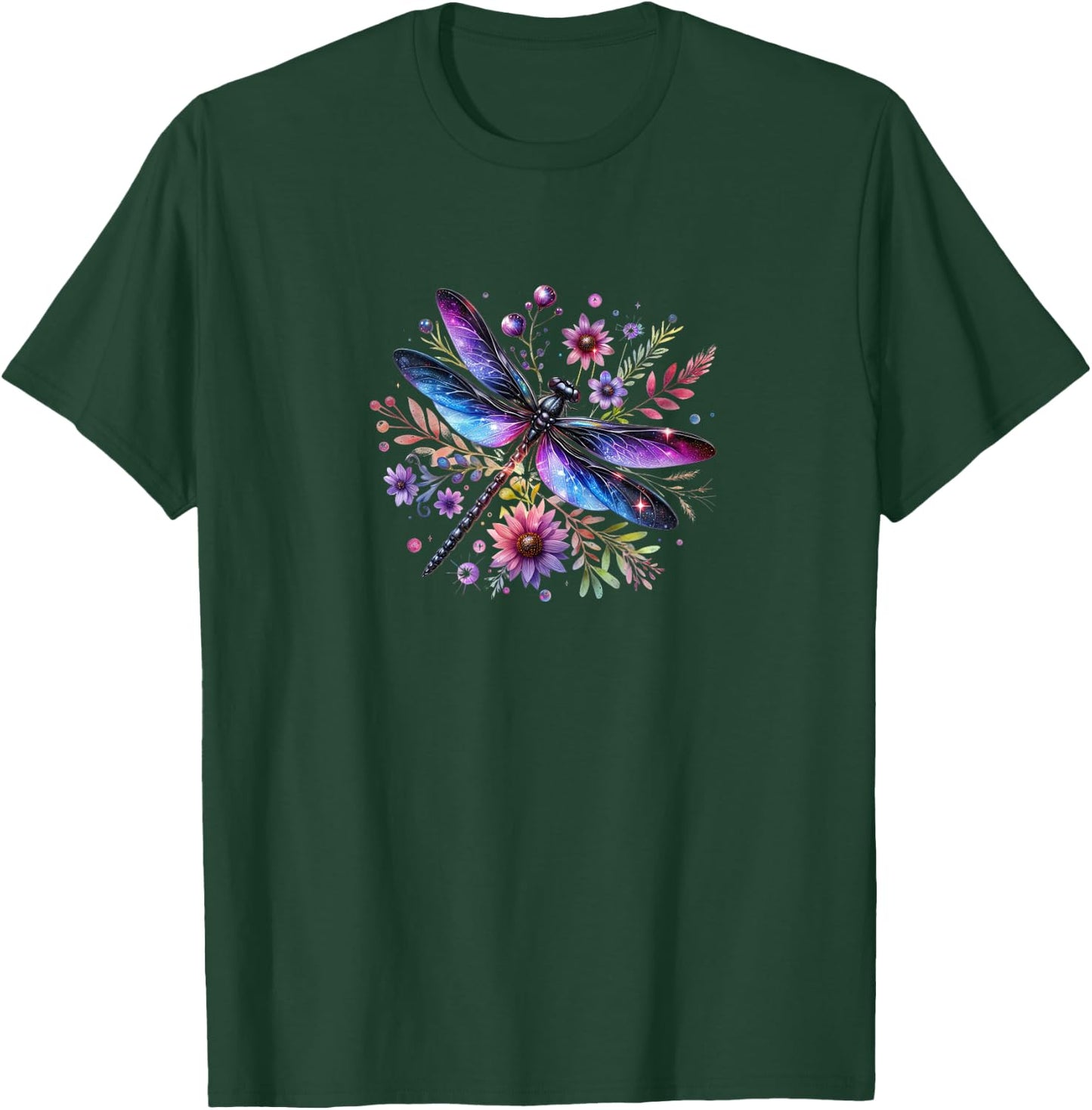 Beautiful Watercolor Black and Purple Dragonfly On Flowers T-Shirt - T-Shirt | Forest