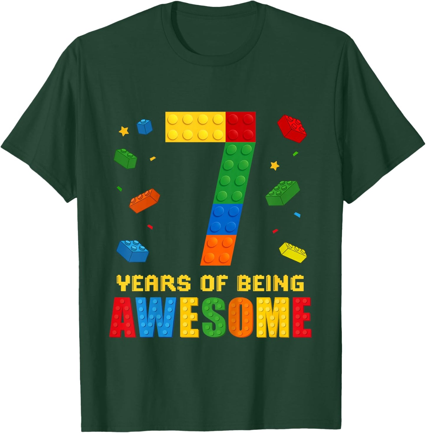 Kids 7 Year Old Birthday Boy Being Awesome Building Bricks 7th T-Shirt - T-Shirt | Forest