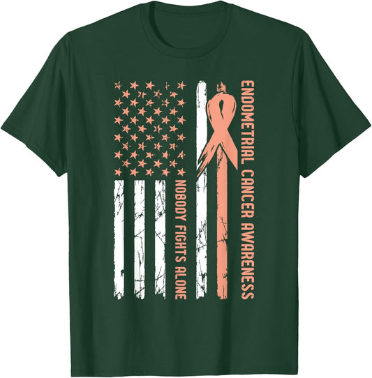 Endometrial Cancer Awareness Flag Nobody Fights Alone T-Shirt - T-Shirt | Forest
