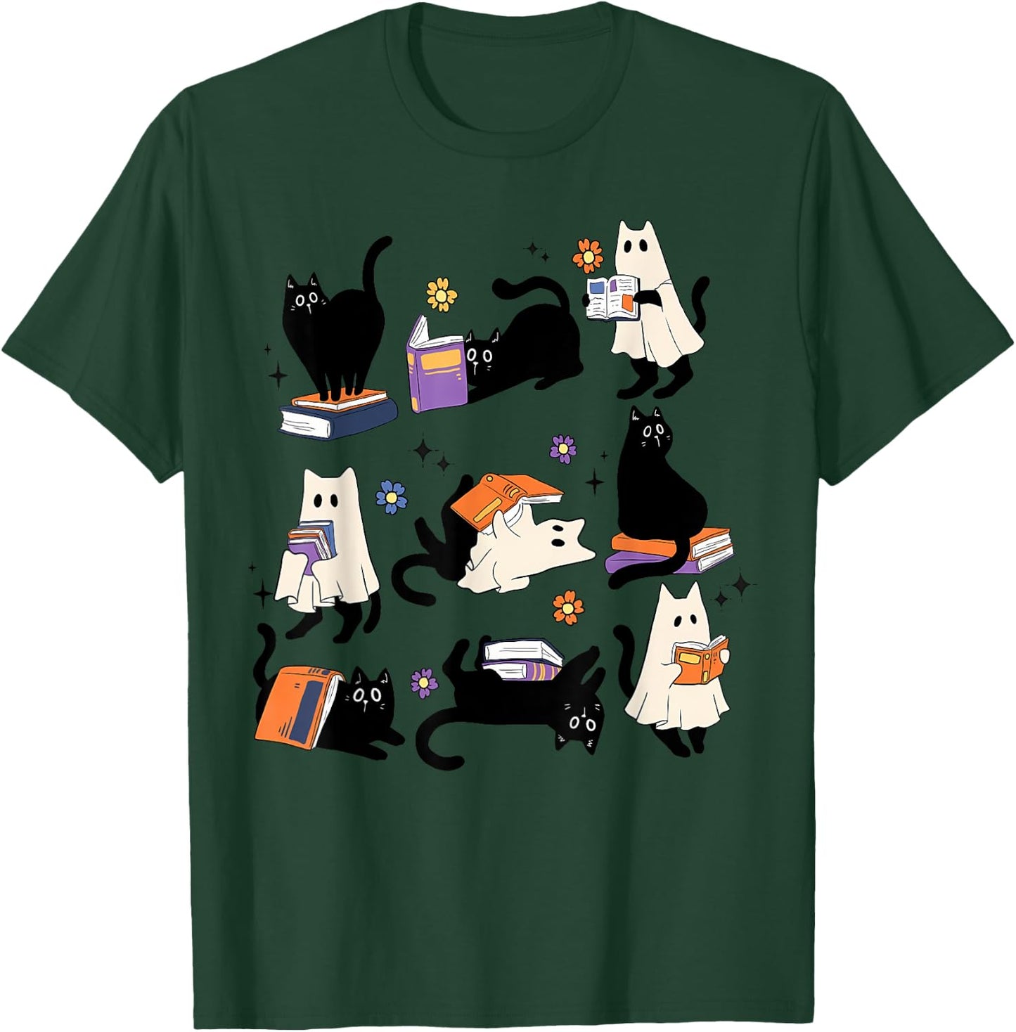 Cute Ghost Cat Reading Books Lover Bookish Halloween Spooky T-Shirt - T-Shirt | Forest