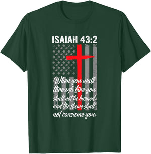 Thin Red Line Firefighter Cross Bible Verse American Flag T-Shirt - T-Shirt | Forest