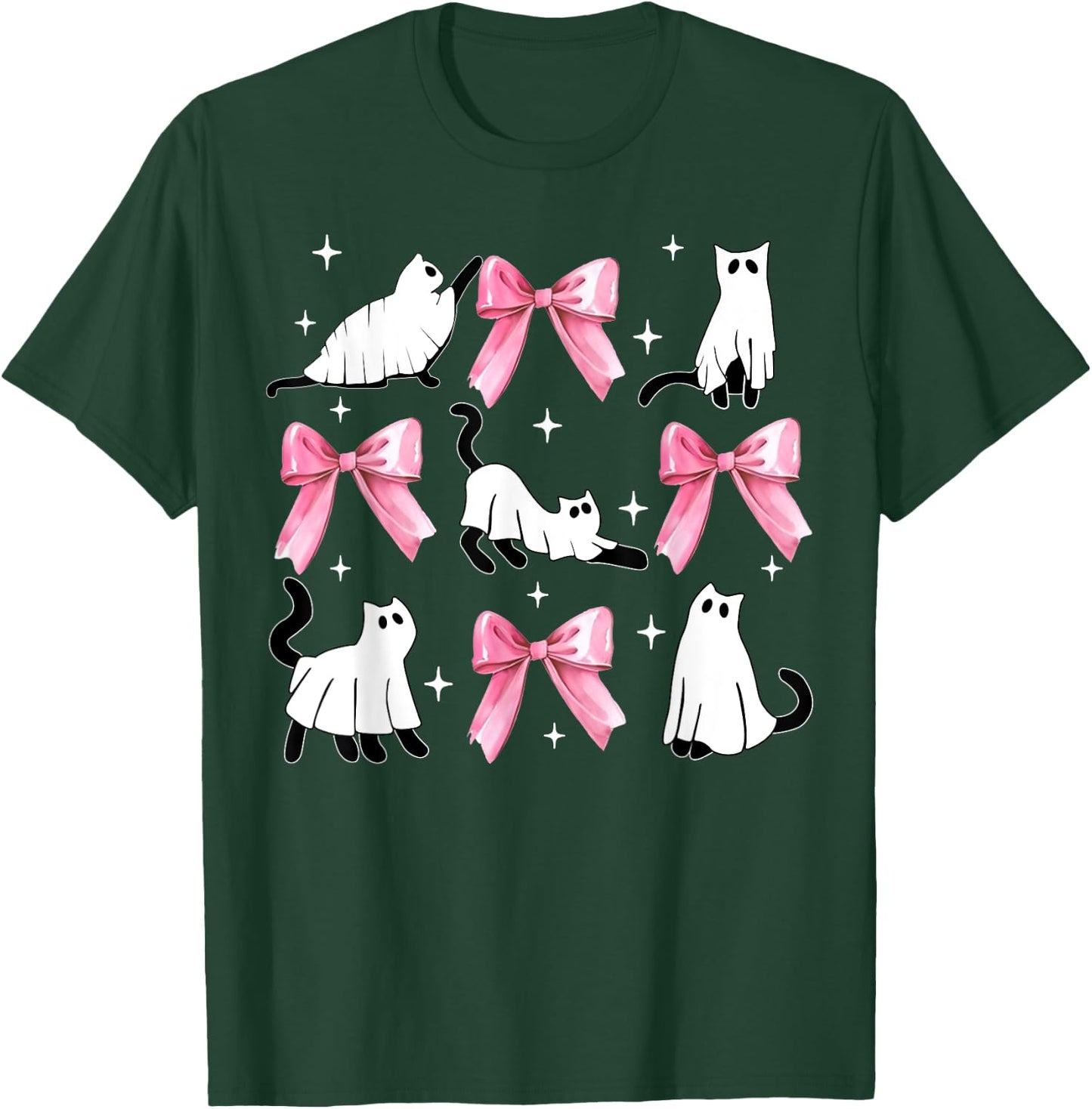 Ghost Cat Boo Costume Cute Pink Bow Coquette Kitty Halloween Women Kids T-Shirt - T-Shirt | Forest