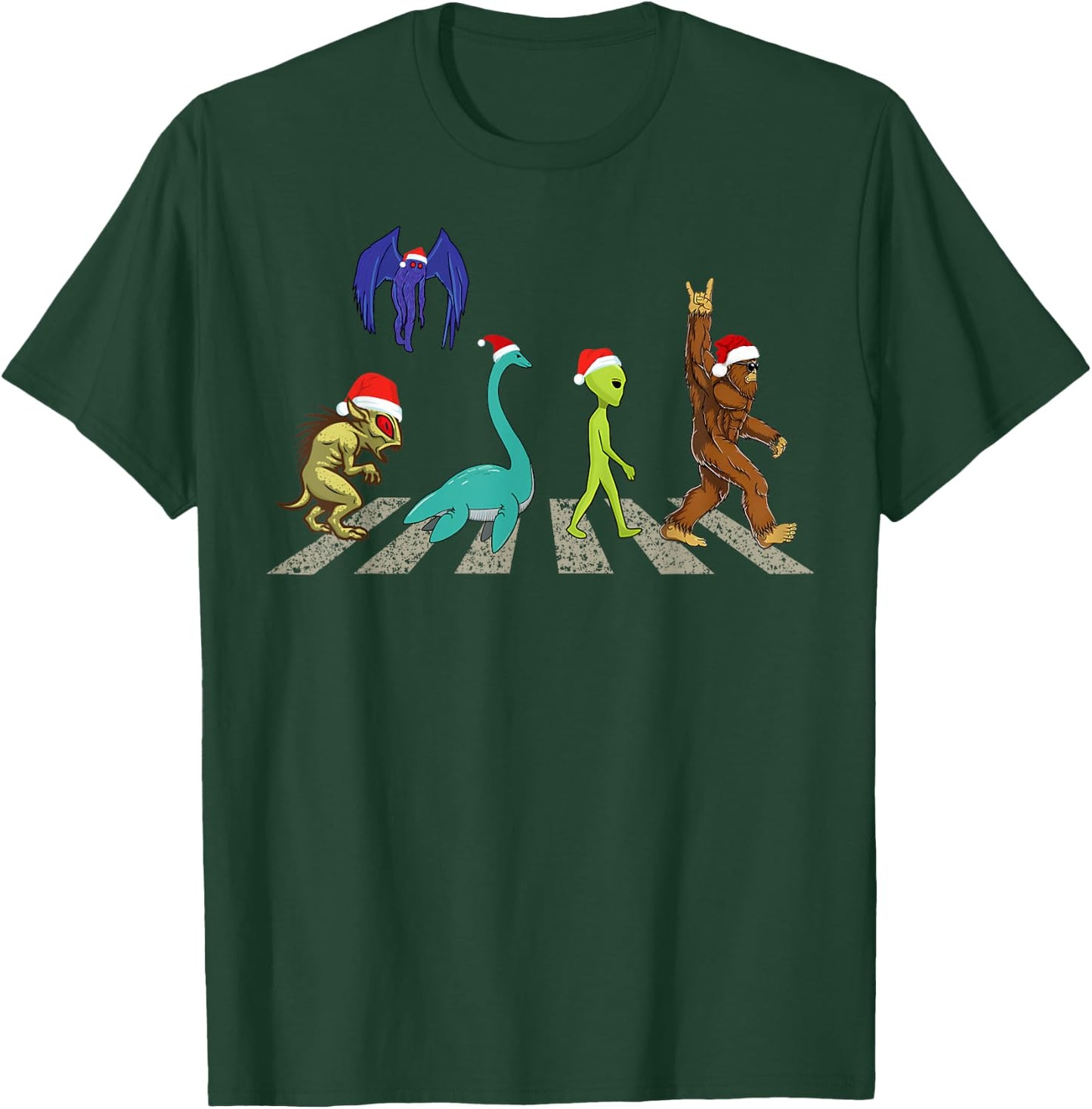Christmas Cryptid Squad Bigfoot Mothman Alien Nessie T-Shirt - T-Shirt | Forest