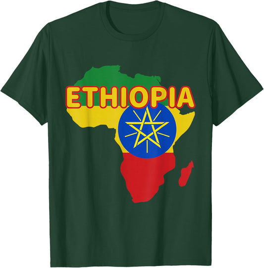 Ethiopia Ethiopian Pride Flag Map Africa Print T-Shirt - T-Shirt | Forest