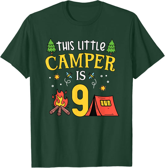 9th Birthday Little Camper Nine Years Old Camping Party T-Shirt - T-Shirt | Forest