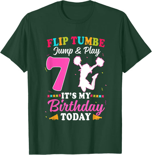 7th Birthday Cheerleading Girl 7 Year Old Cheerleader T-Shirt - T-Shirt | Forest