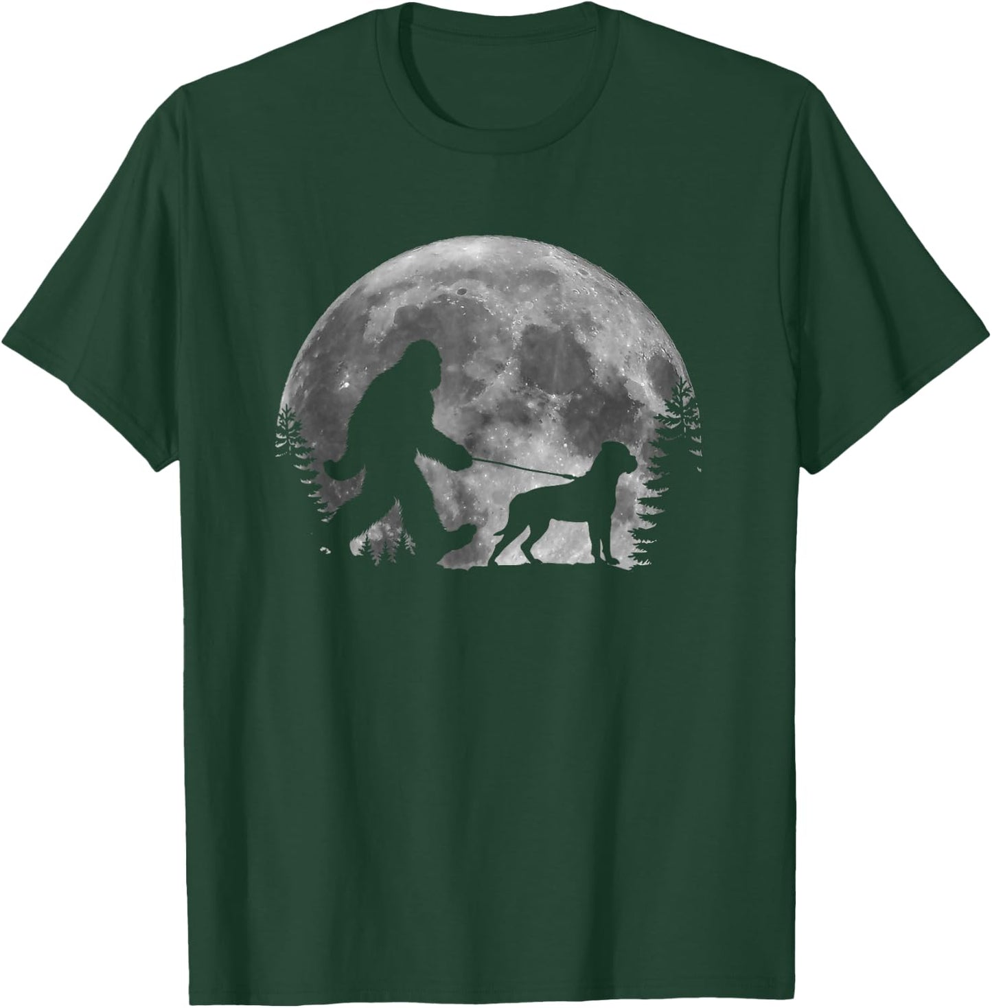 Bigfoot Walking a Dog Funny Bull Mastiff Moon Halloween Men Women Kids T-Shirt - T-Shirt | Forest