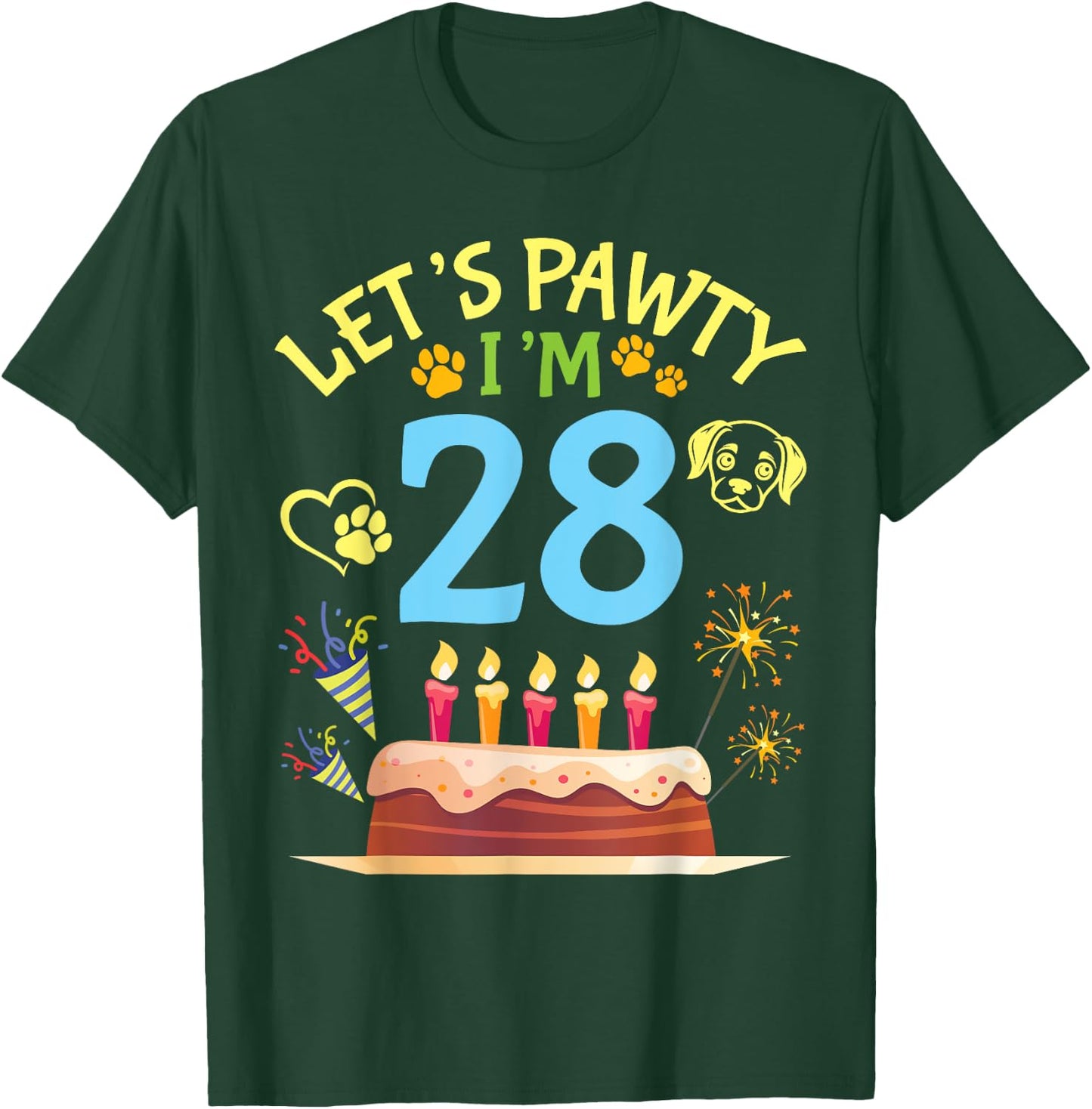 Big Cake Fireworks Dog Face Paw Let's Pawty I'm 28 Years Old T-Shirt - T-Shirt | Forest
