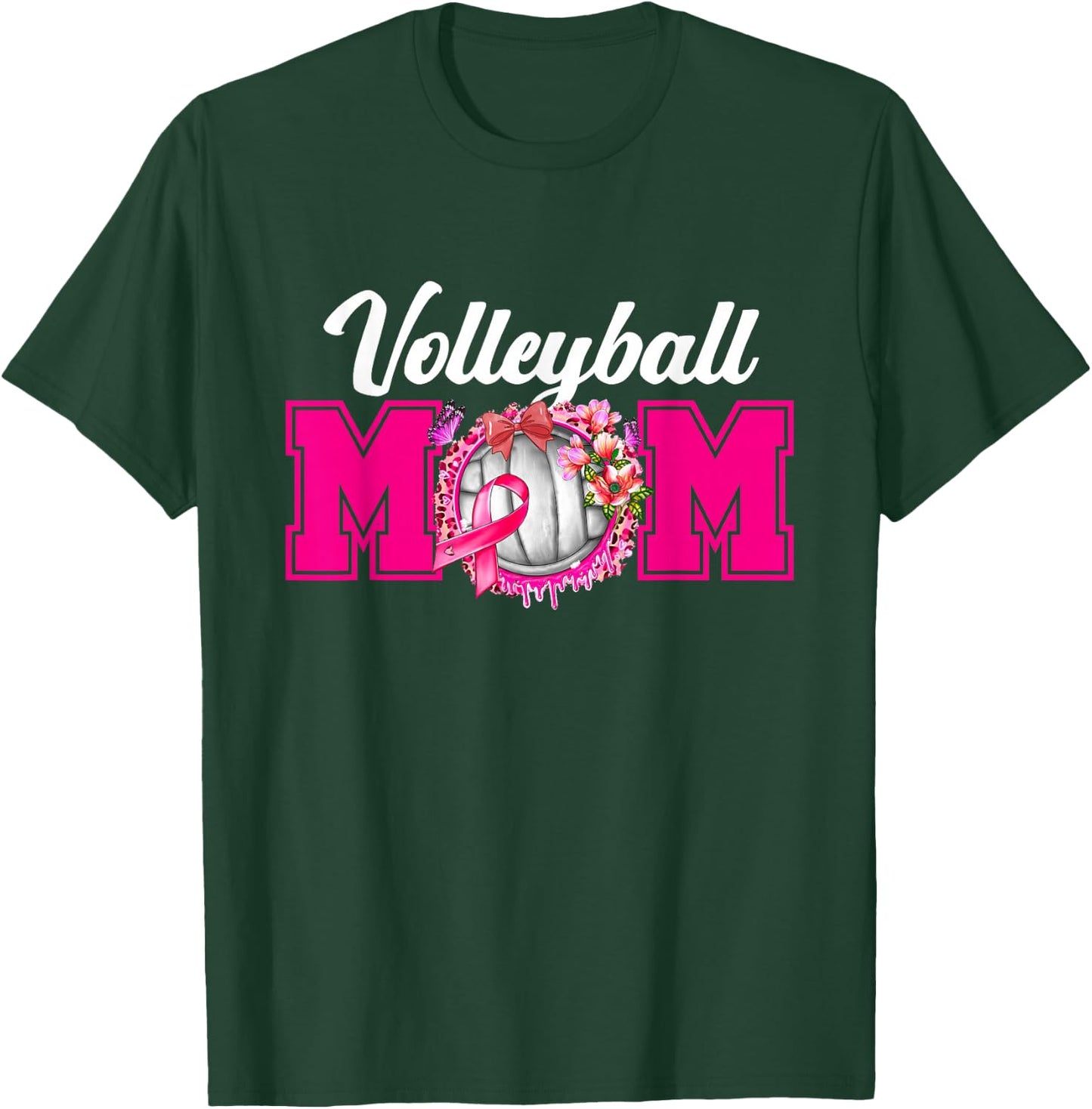 Volleyball Mom Pink Ribbon Breast Cancer Fighter Sport Fan T-Shirt - T-Shirt | Forest