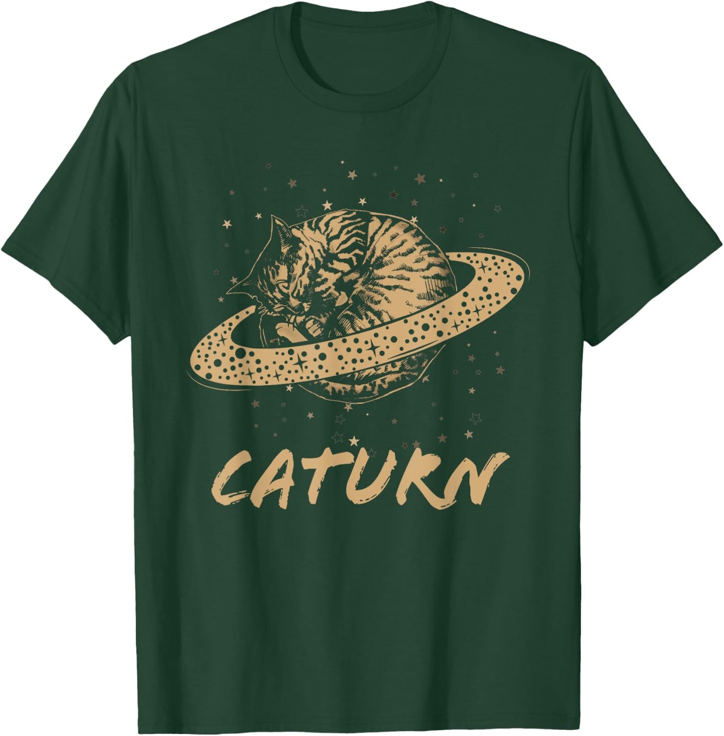 Cat Staring at Planet Saturn Retro Science Caturn Astrology T-Shirt - T-Shirt | Forest