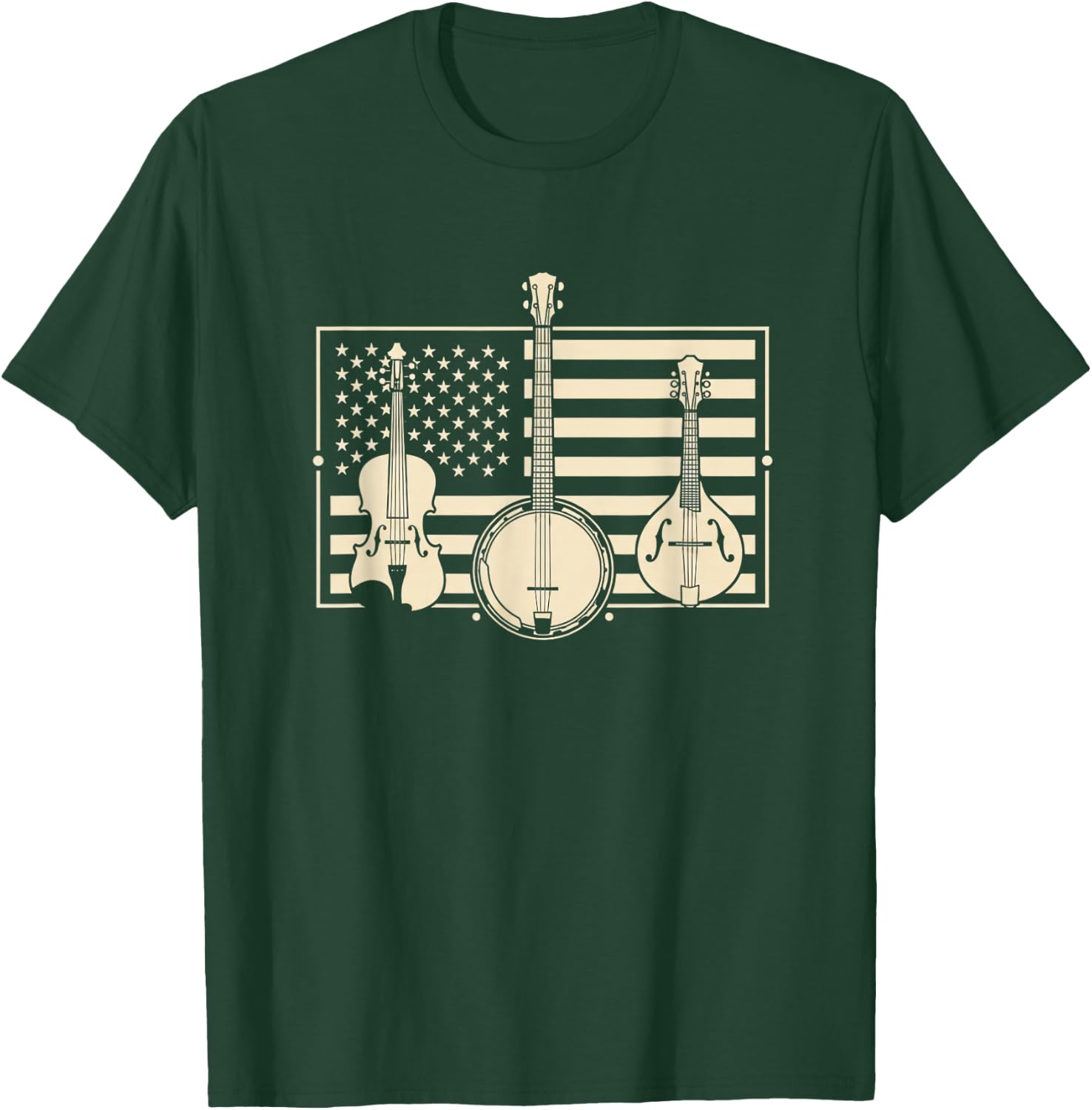USA Americana Bluegrass Flag - Banjo Mandolin Fiddle Patriot T-Shirt - T-Shirt | Forest