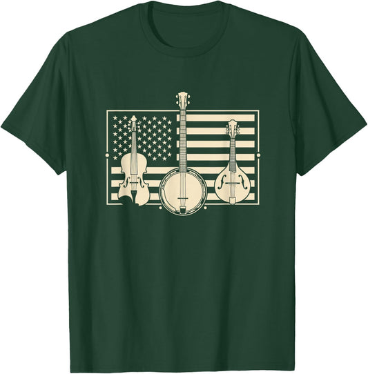 USA Americana Bluegrass Flag - Banjo Mandolin Fiddle Patriot T-Shirt - T-Shirt | Forest