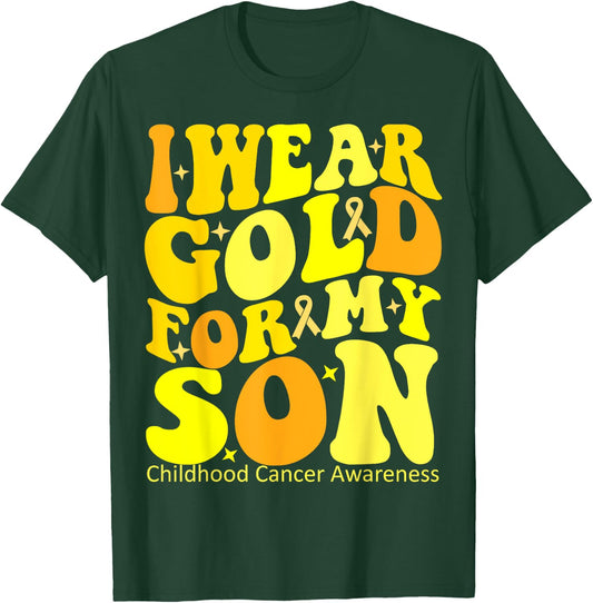 I Wear Gold For My Son Childhood Cancer Awareness Groovy T-Shirt - T-Shirt | Forest