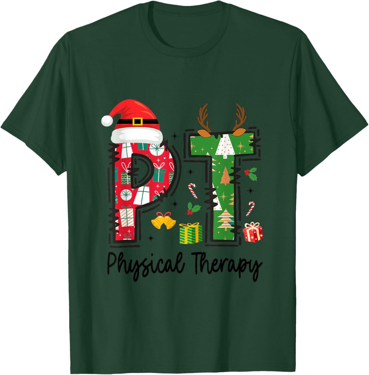 Christmas Physical Therapy Ls -Adults Grey Small Classic Fit Short Sleeve Graphic Cartoon Holiday Physical Therapy Therapist Xmas T-Shirt - T-Shirt | Forest