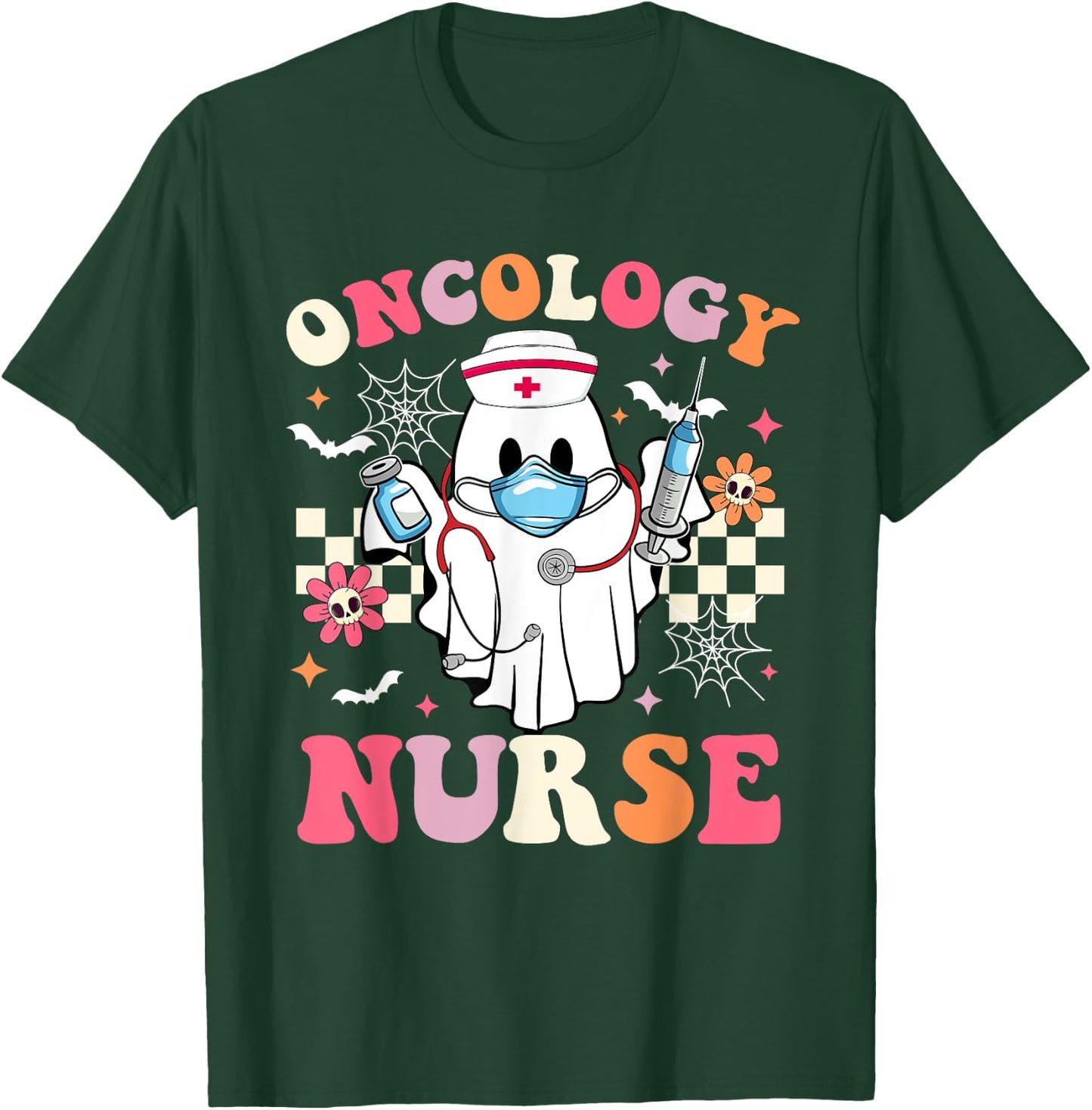 Spooky Oncology Nurse Ghost Halloween Cute Groovy Nursing T-Shirt - T-Shirt | Forest