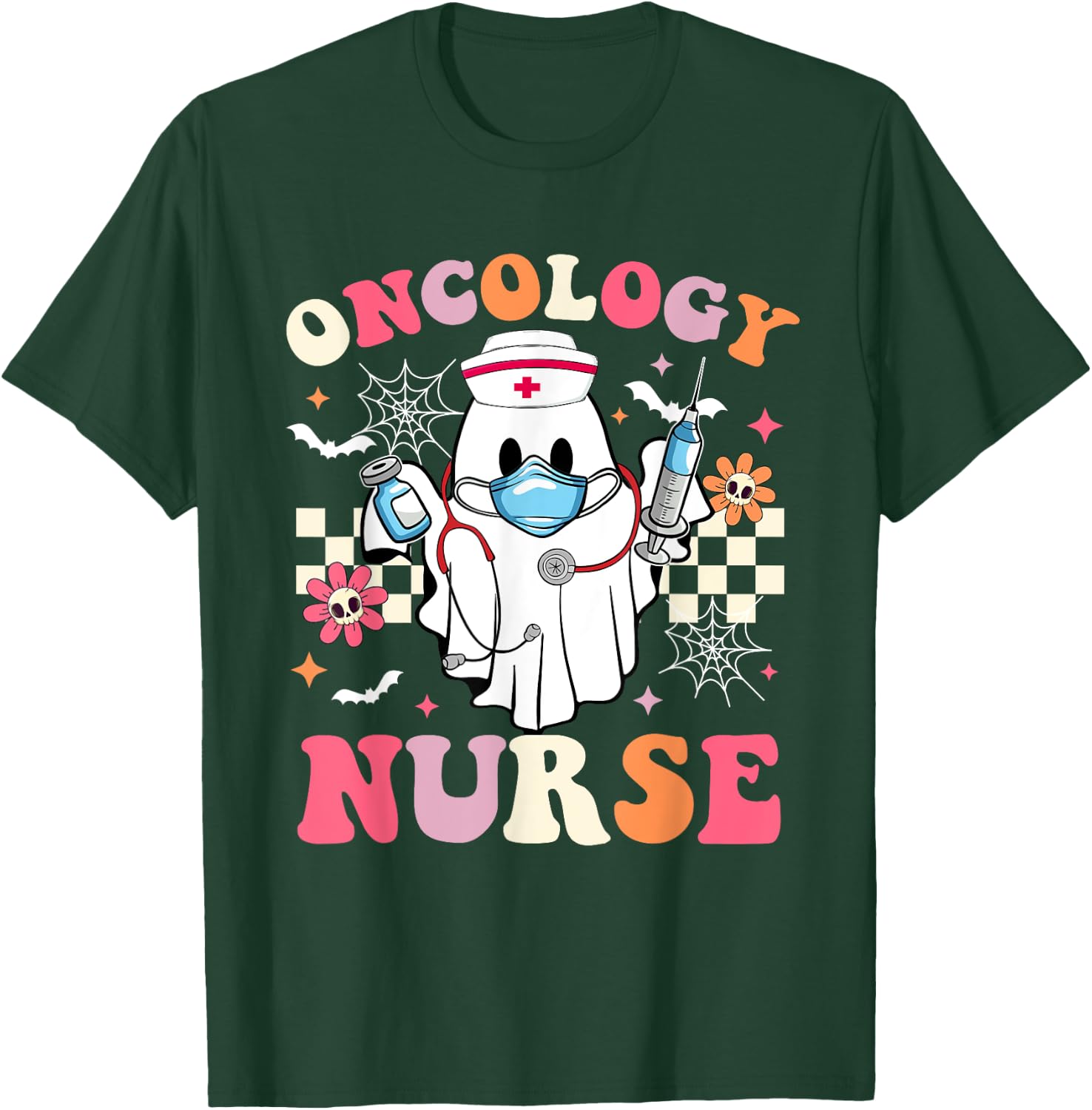 Spooky Oncology Nurse Ghost Halloween Cute Groovy Nursing T-Shirt - T-Shirt | Forest