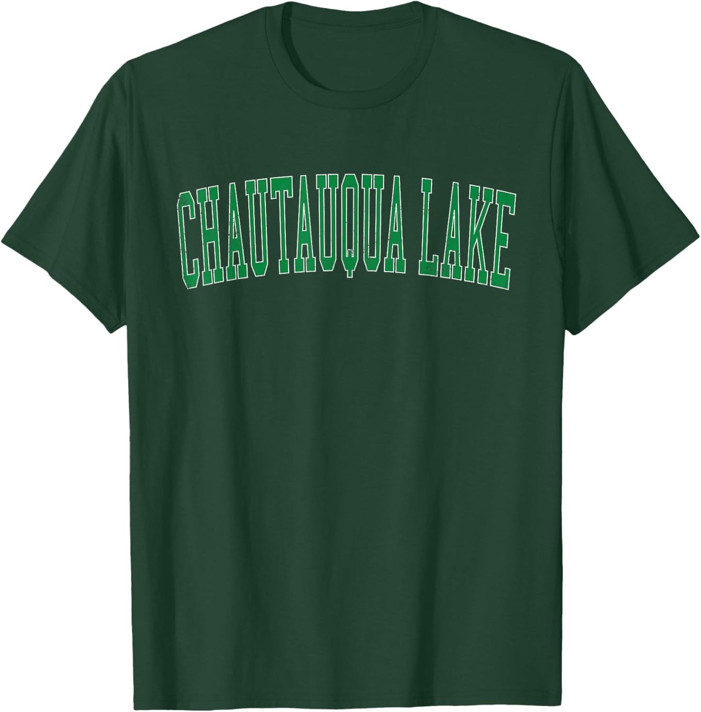 Vintage Chautauqua Lake Distressed Green Varsity Style T-Shirt - T-Shirt | Forest