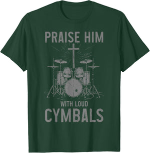 Christian Drummer Co. Christian Drummer Praise Him With Loud Cymbals - Black, Small, -Adults/Kids, Short Sleeve, , Vintage Modern Mix, Letter Print, Imported T-Shirt - T-Shirt | Forest