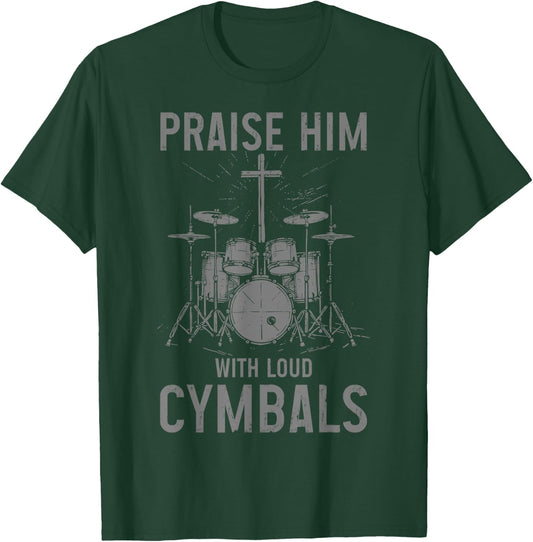 Christian Drummer Co. Christian Drummer Praise Him With Loud Cymbals - Black, Small, -Adults/Kids, Short Sleeve, , Vintage Modern Mix, Letter Print, Imported T-Shirt - T-Shirt | Forest