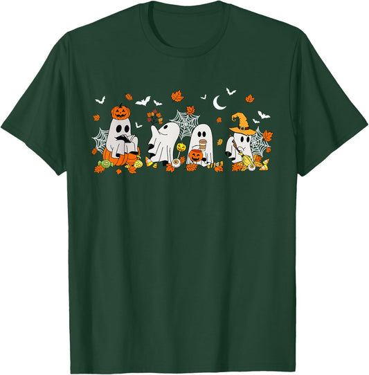 Cute Ghost Drinking Coffee Halloween Fall Ghost Book Reading T-Shirt - T-Shirt | Forest