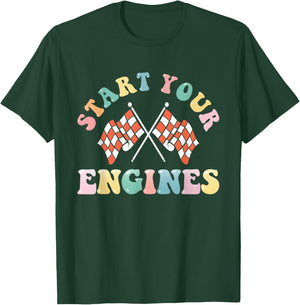 Start Your Engines Retro Groovy Checkered Flag Race Car Girl T-Shirt - T-Shirt | Forest