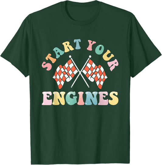 Start Your Engines Retro Groovy Checkered Flag Race Car Girl T-Shirt - T-Shirt | Forest