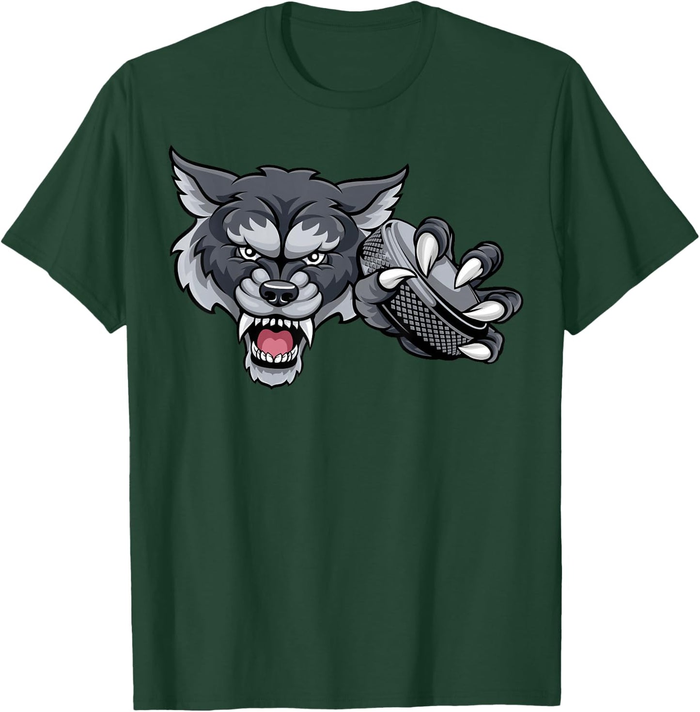 Wolf Cartoon Sports Wolves Team Mascot Holding Hockey Puck T-Shirt - T-Shirt | Forest